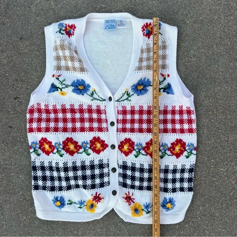Vintage 90s Russ White Primary Color Floral Knit Herringbone Check Sweater Vest
